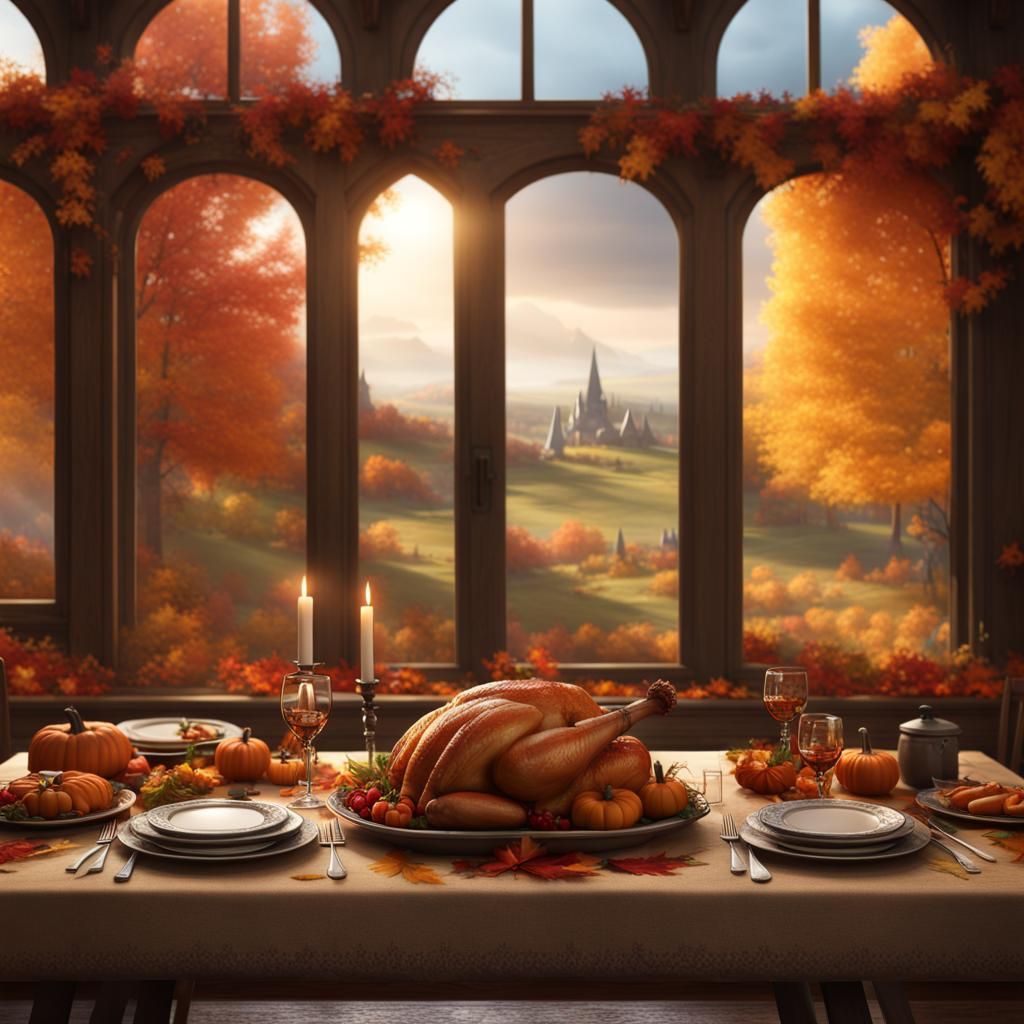 Thanksgiving Table with Autumn Landscape, Matte Painting