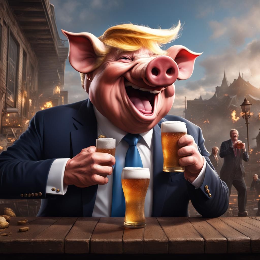 Pig Caricature Laughing and Drinking Beer
