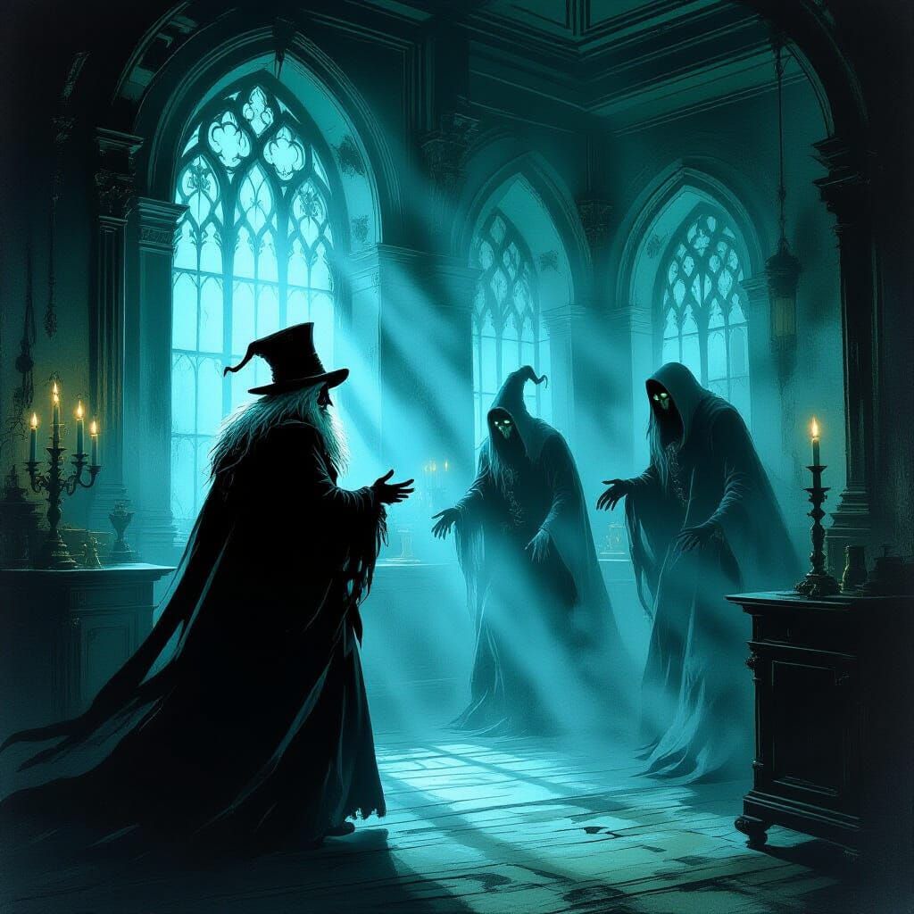Scrooge Visited by Three Nightmarish Ghosts in Victorian Cha...