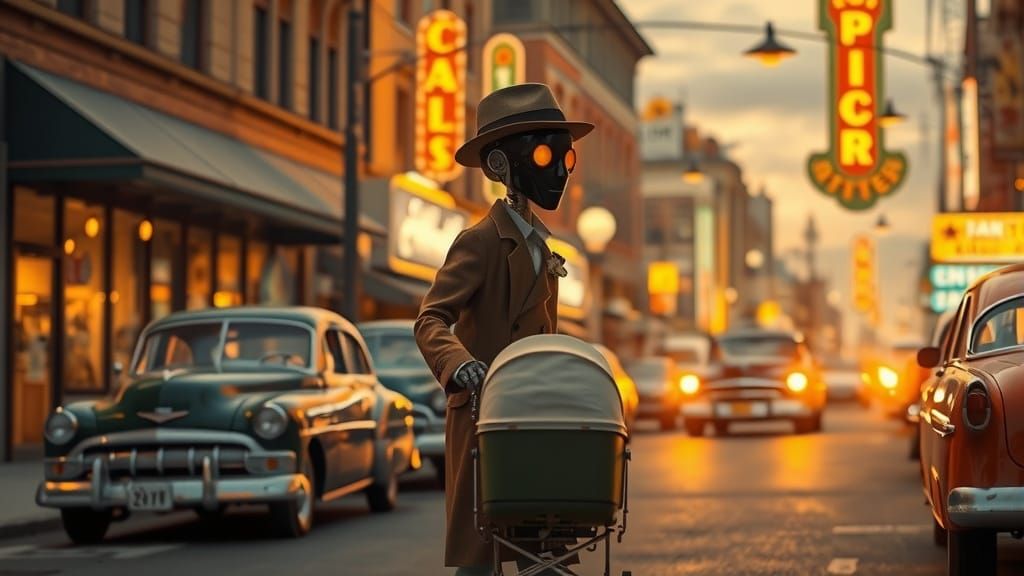 Robot Pushing Stroller in 1950s Street Scene