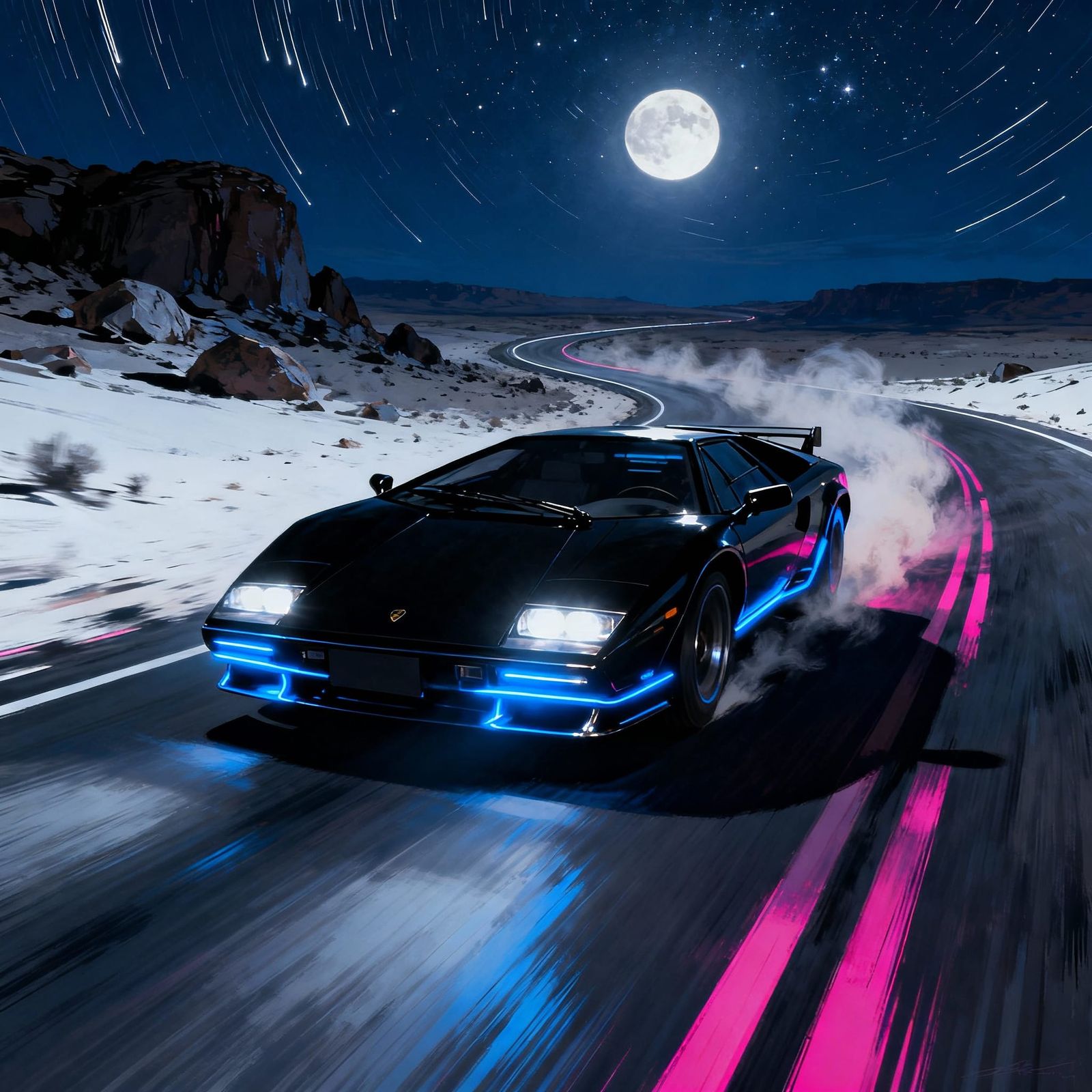 Black Sports Car Speeds Through Desert at Night