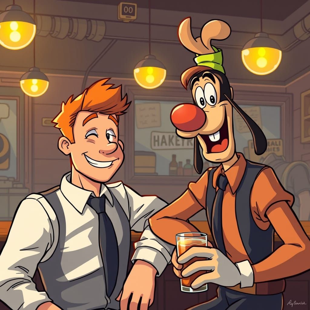A handsome ginger man hanging out with a cartoon Goofy in a ...