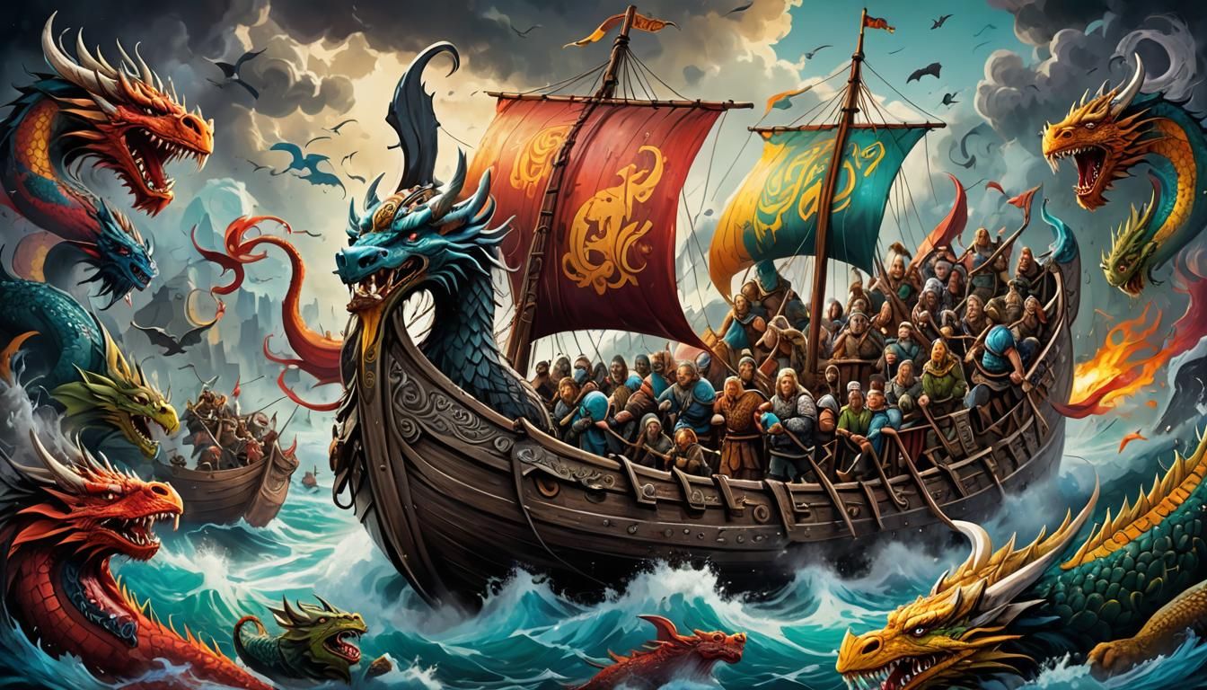 Viking ship attacked by sea monsters