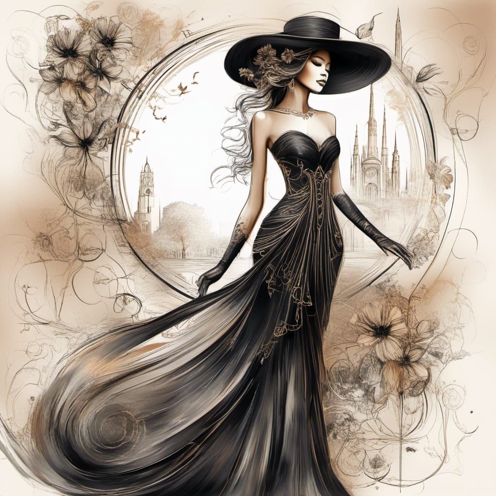 Elegant Floral Lady in Ombre Dress with Musical Notes