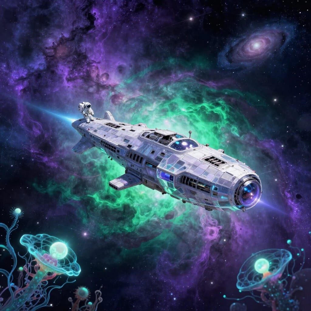 Astronaut Adrift Near Crystalline Spaceship in Cosmic Void