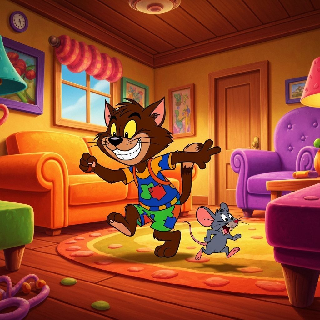 Cartoon Cat and Mouse Chase in Whimsical Style