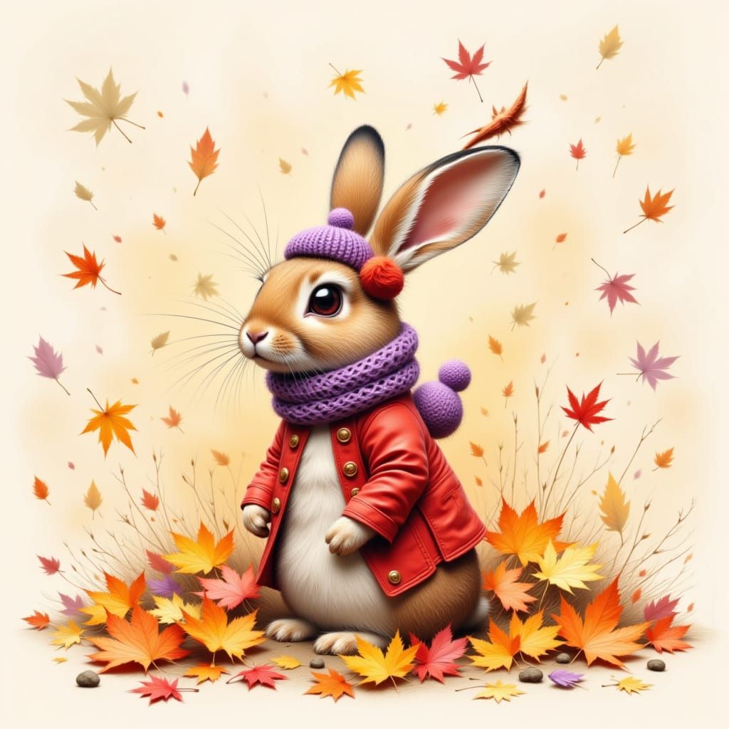 Brown Rabbit in Autumn Leaves, Watercolour Style