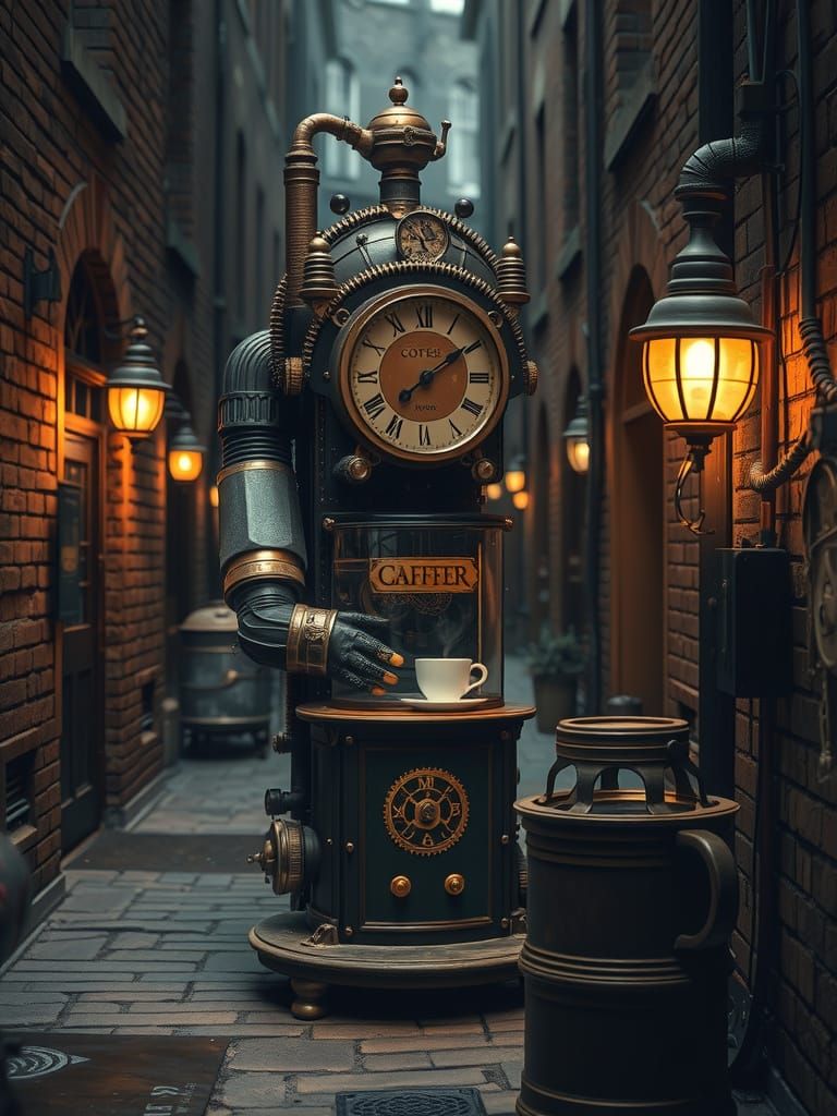Clockwork Automaton Serving Coffee in Victorian Alleyway
