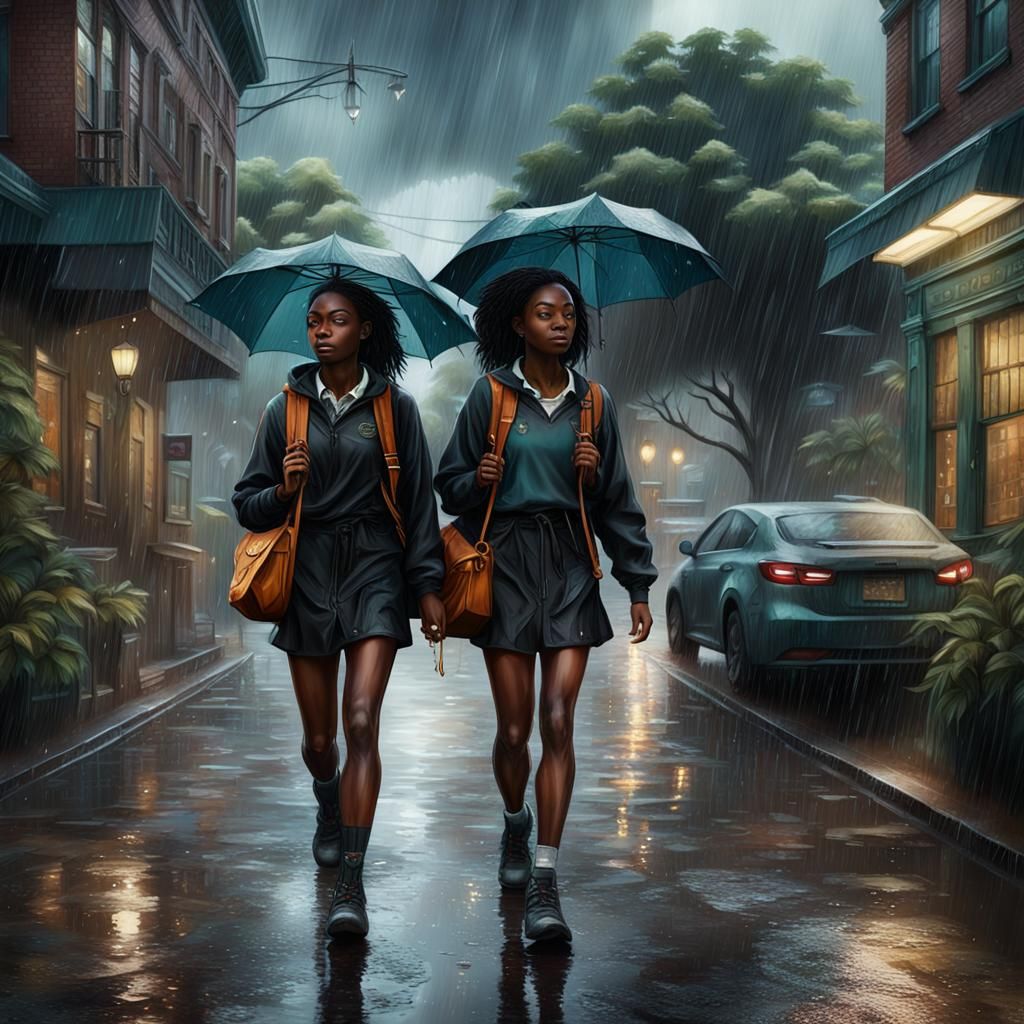 Black Teens Walking Home in Rainy Fantasy Art