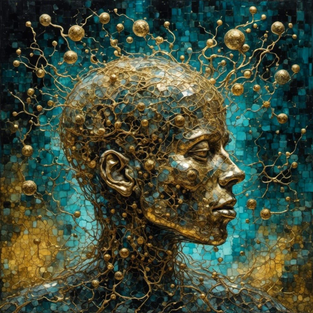 Quantum Style Portrait: Brain and Gold Lines in Space