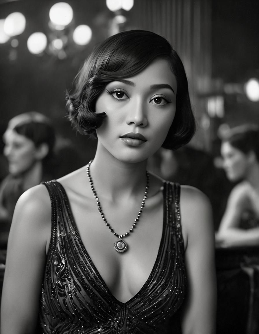 Indonesian Flapper in 1920s Jazz Club, Vintage Photography
