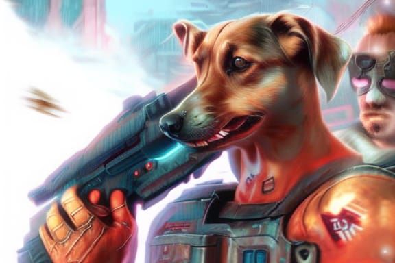 Cyberpunk Marine and Dog in Futuristic Battle