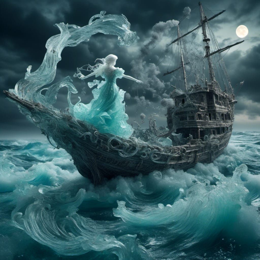 Ethereal Woman Over Shipwreck in Moonlit Night