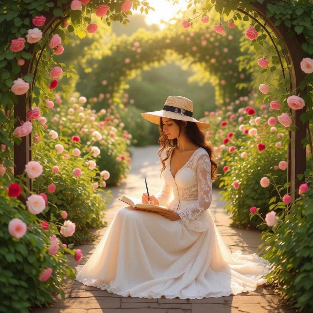 Romantic Writer in Rose Garden with Elegant Hat
