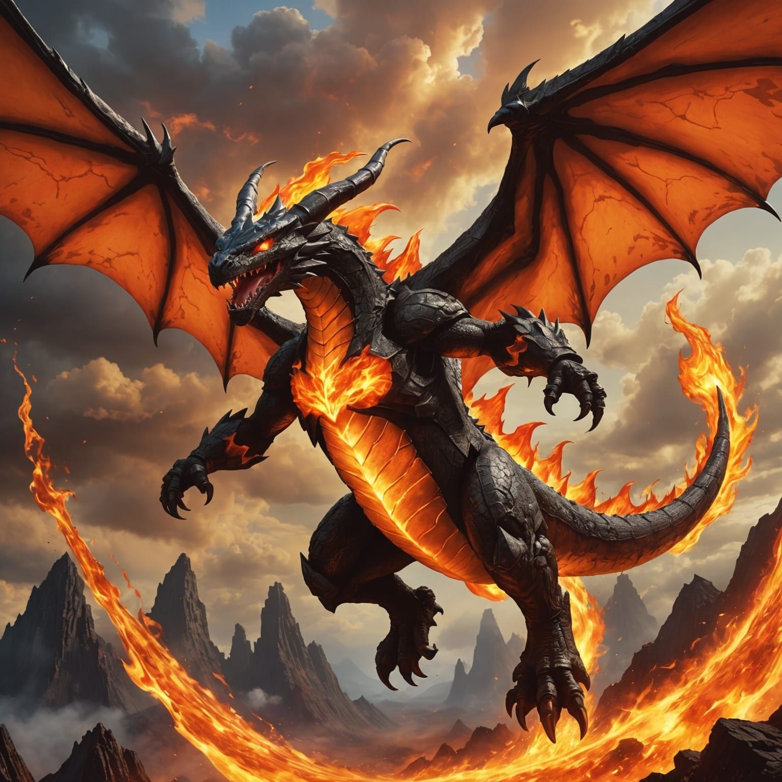 Lava Dragon Flying in a Dark Sky