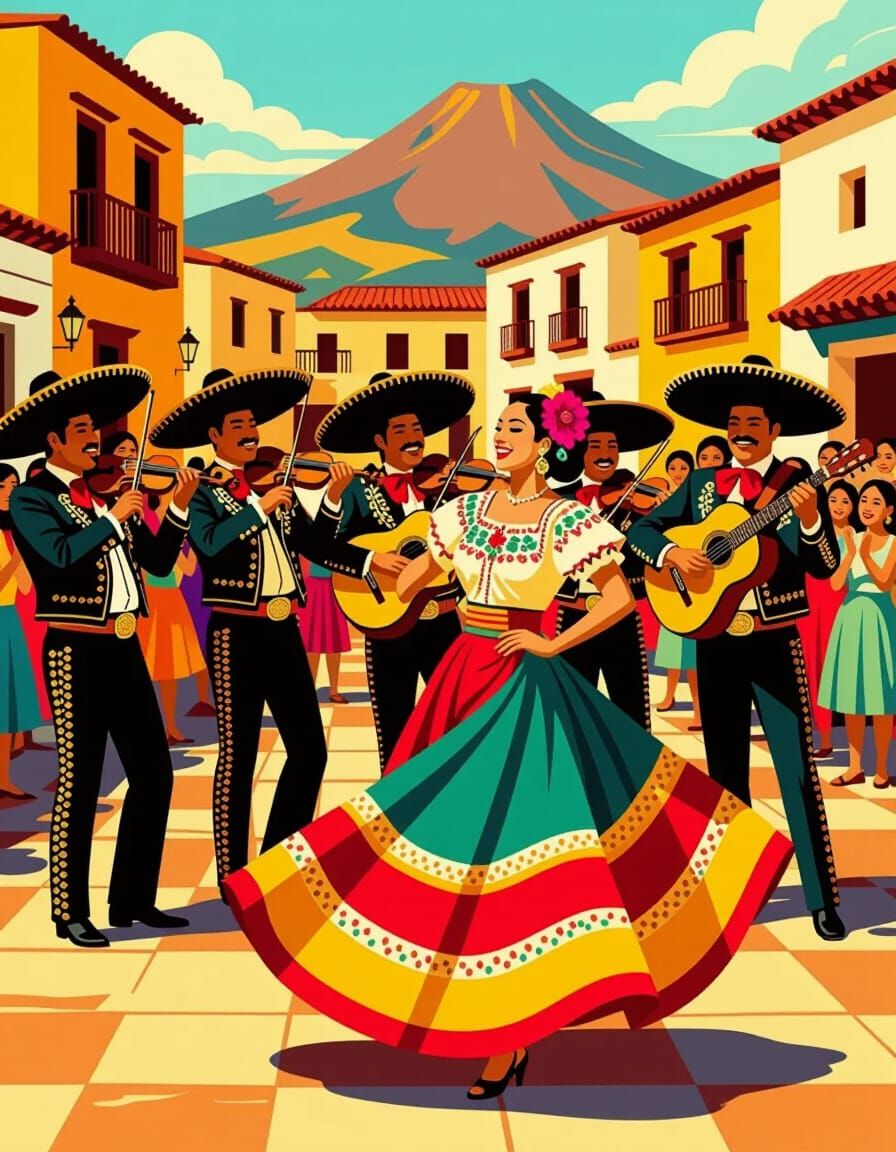 Vibrant Mid-Century Mariachi Festival Scene in Muralist Styl...