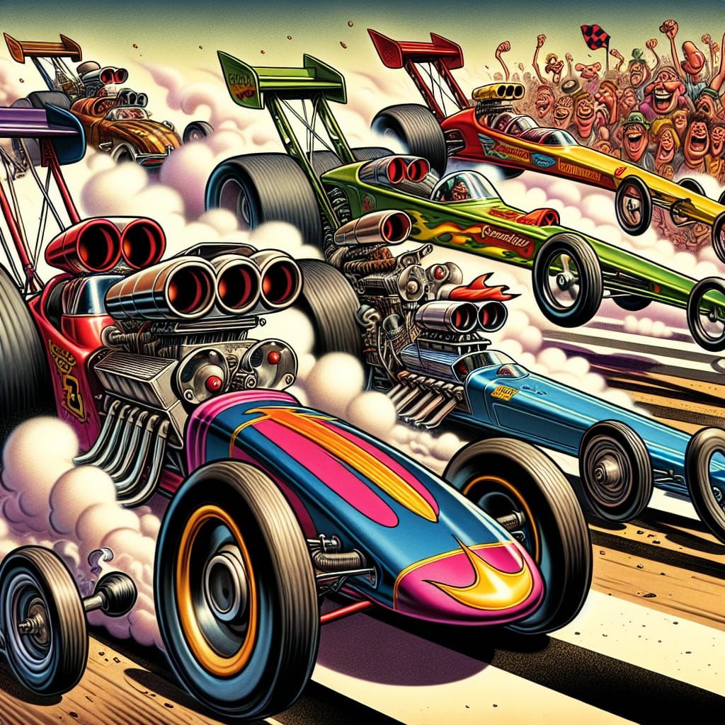 Animated Dragster Cars in Wacky Race Illustration
