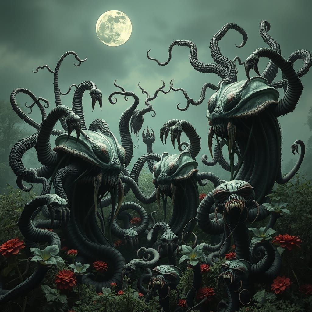 Creepy garden of  monster plants. by Zdzisław Beksiński, Tim Burton