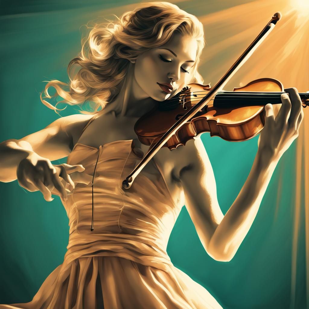 Woman Playing Violin in Cel-Shaded Retroism Style