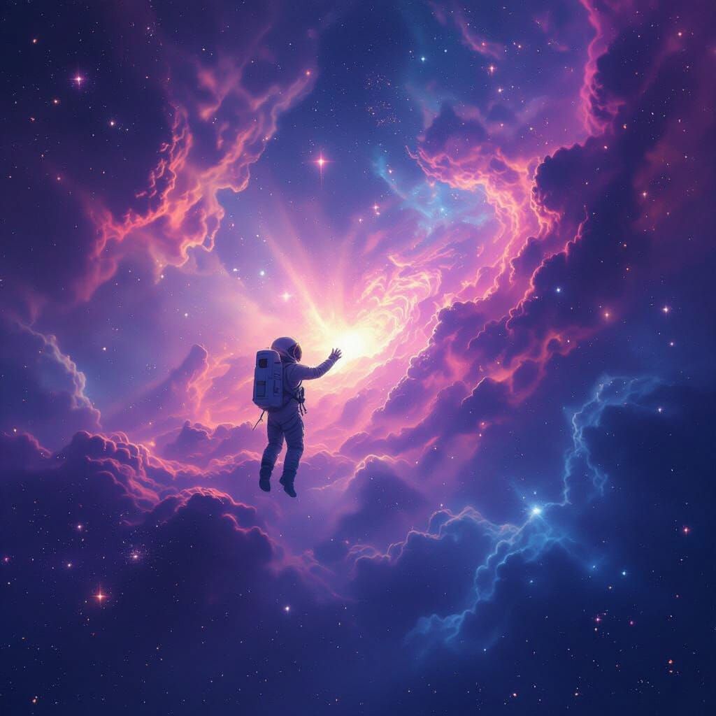 Astronaut Explores Cosmic Nebula in Painterly Concept Art
