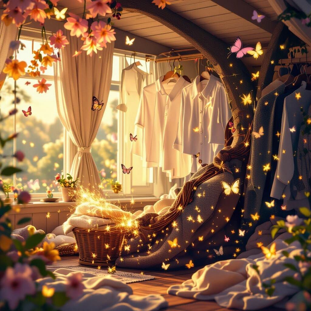 Magical Laundry Room with Floating Clothes in Pastel Colors