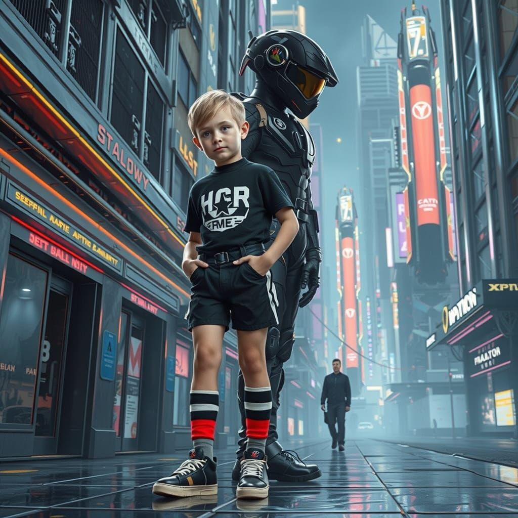 Cyberpunk Metropolis: Boy and Supersoldier in Retro-Futurist...