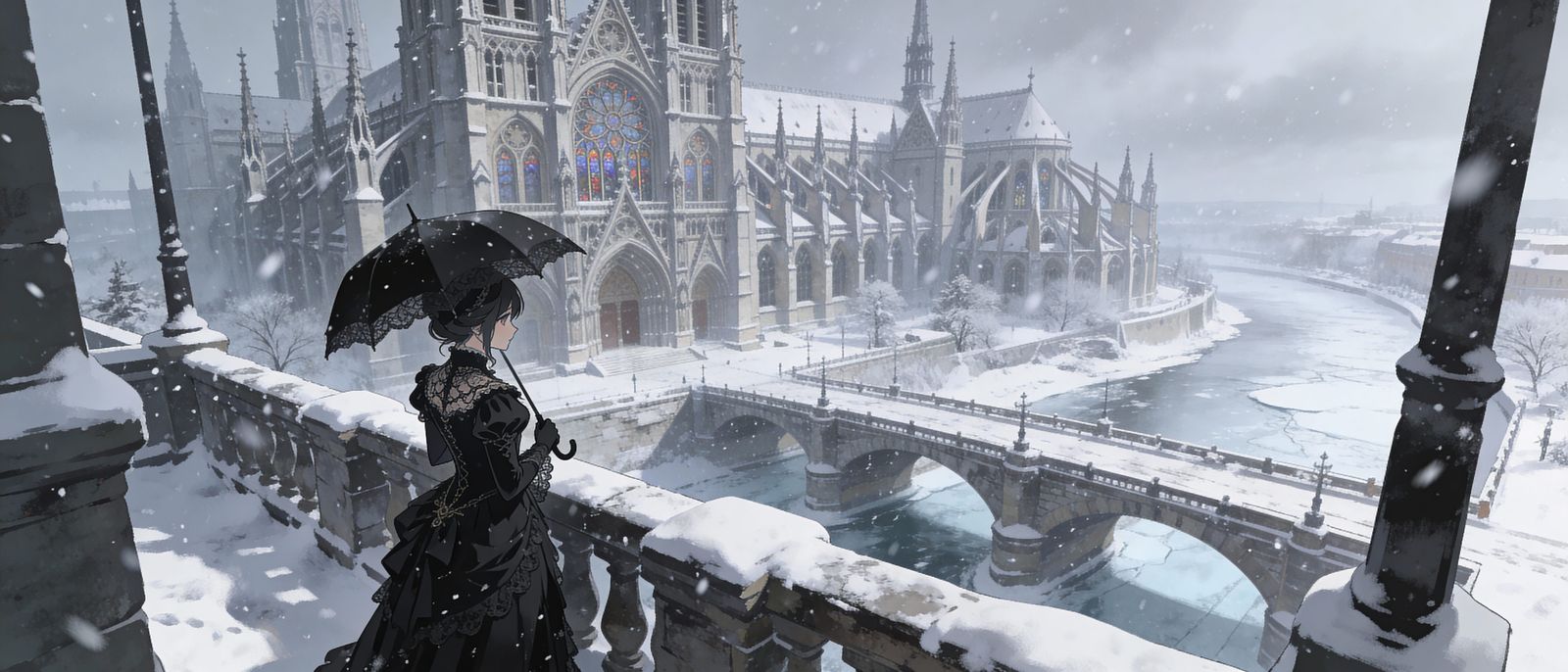 Gothic Woman on Snowy Bridge in Anime Style
