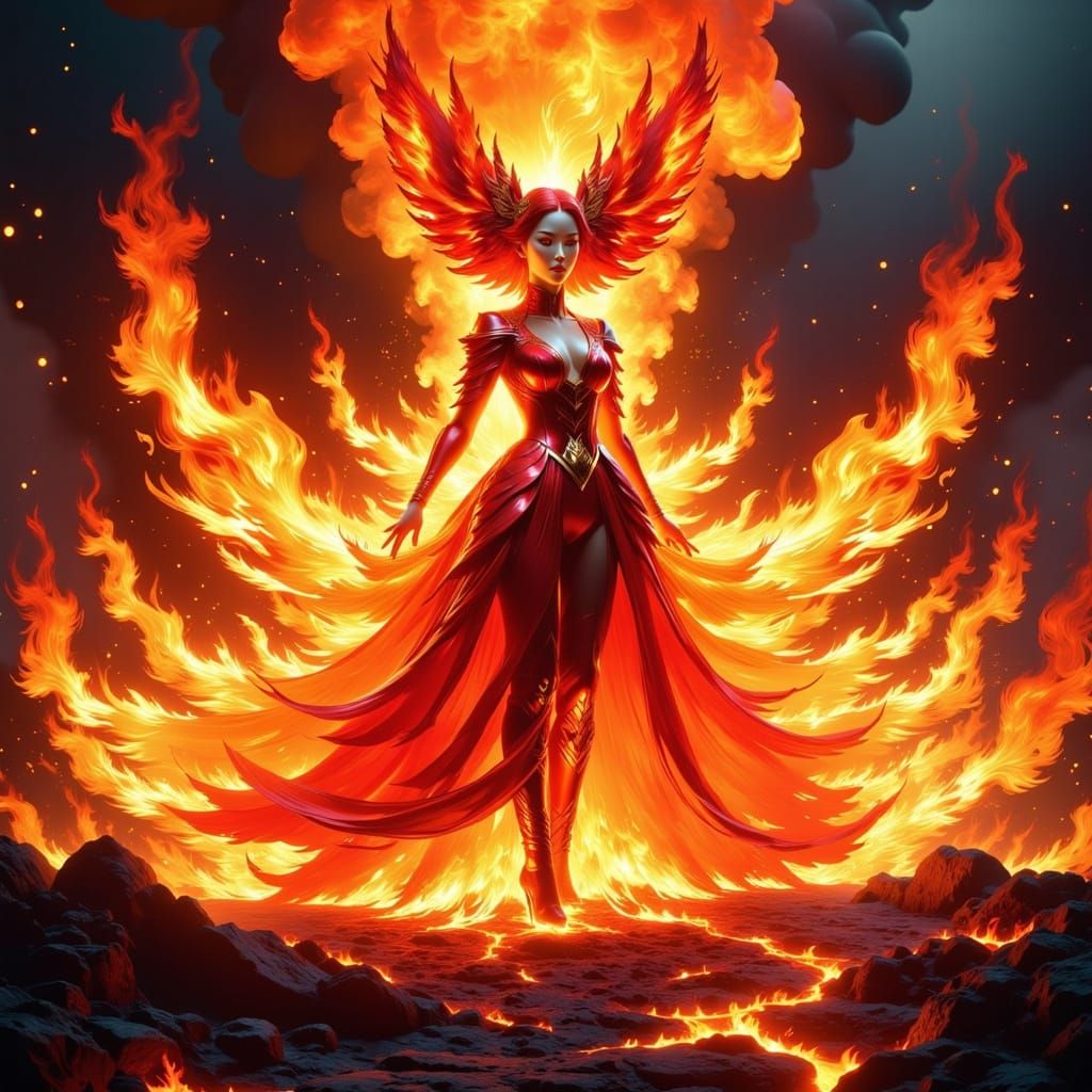 Phoenix Queen Emerges From Volcano in Fiery Manga Style