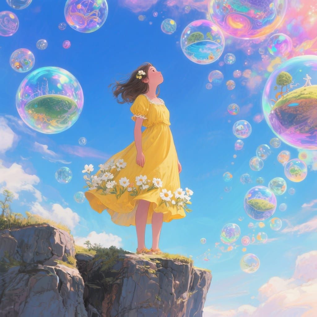 Girl Gazing at Iridescent Worlds in the Sky