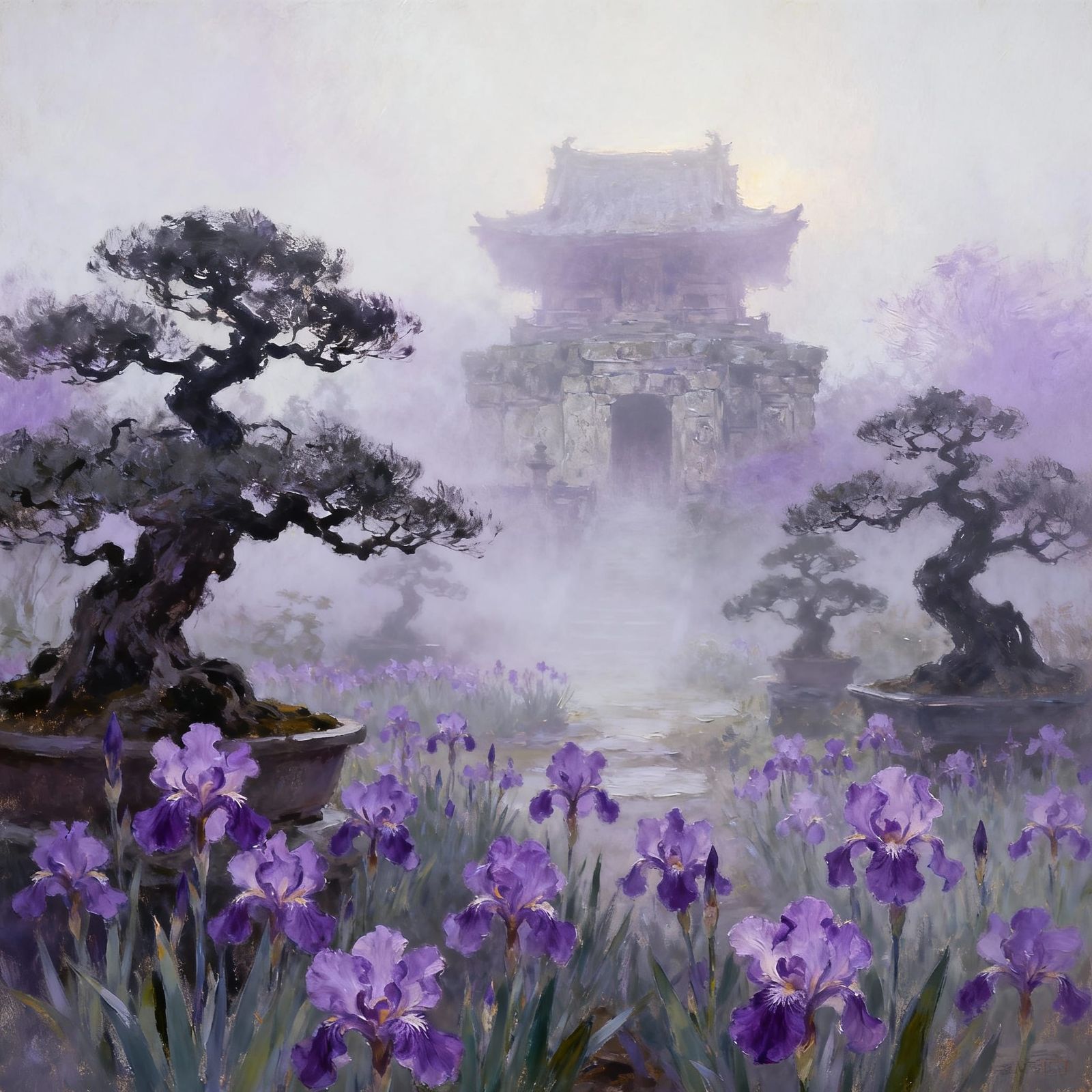 Misty Garden Temple at Dawn in Japanese Impressionist Style