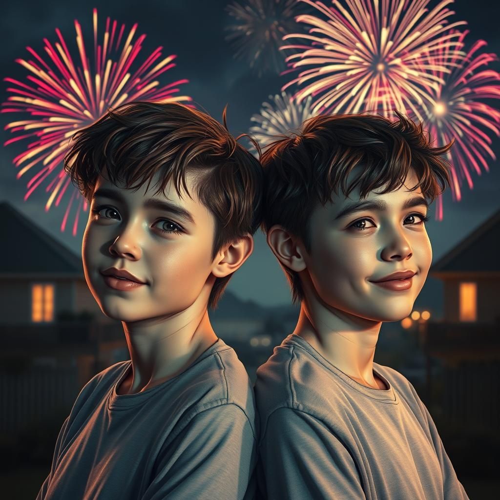 Twins Share a Moment During Fireworks, Hyperdetailed Portrai...
