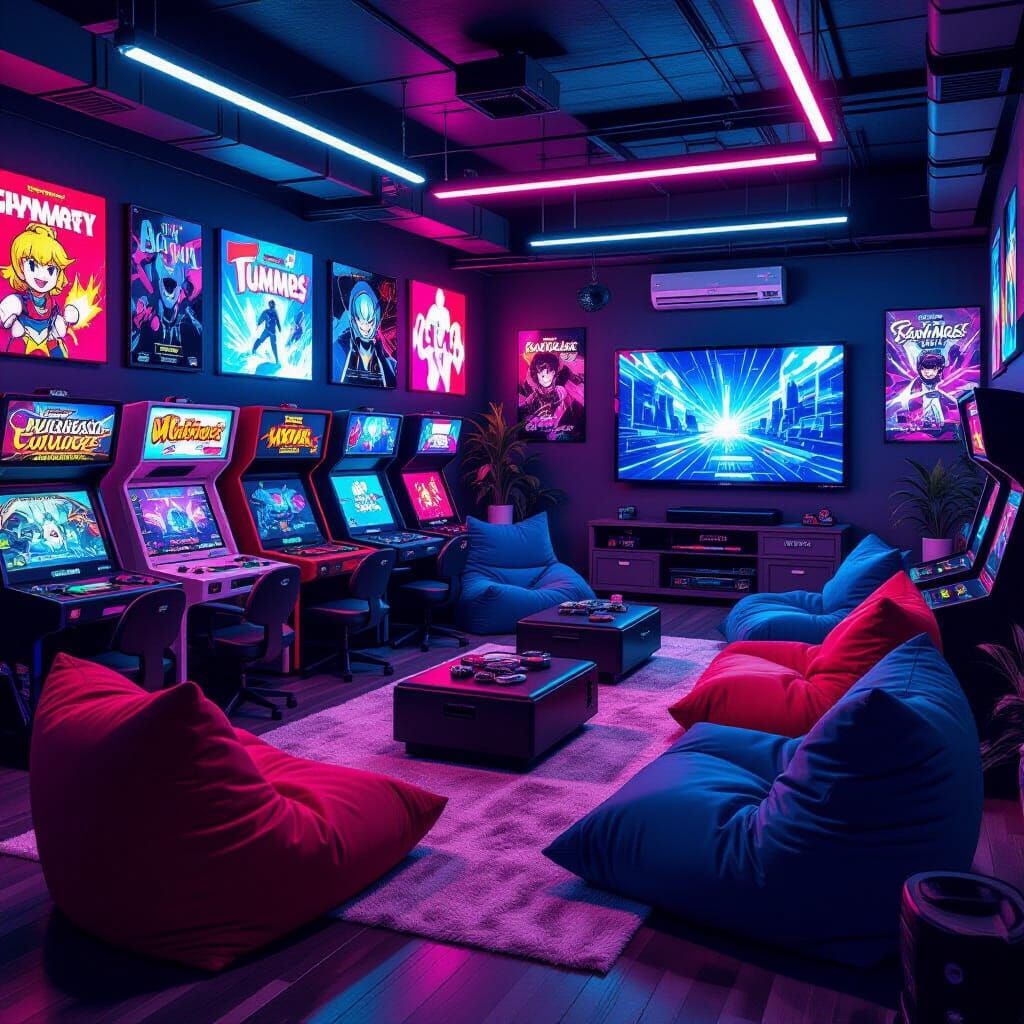 Vibrant Digital Art Game Room with Neon Accents