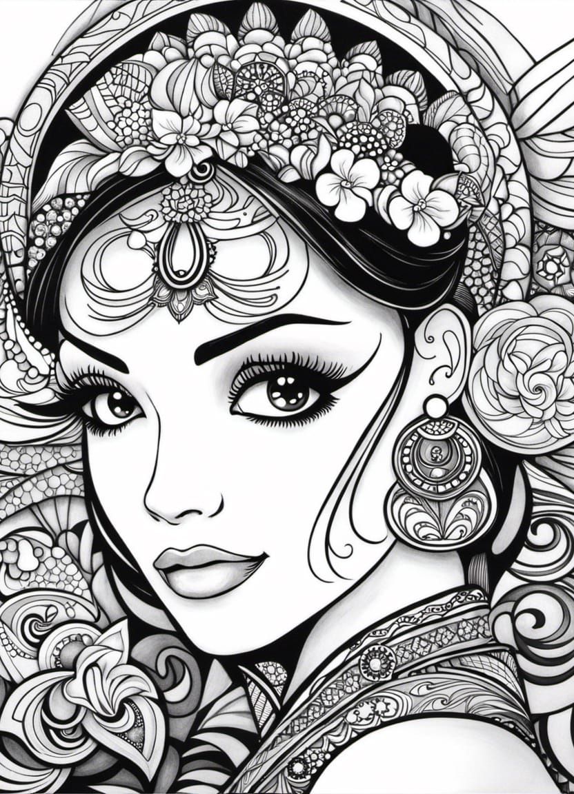 Senorita Zentangle Coloring Page in Art Nouveau Style