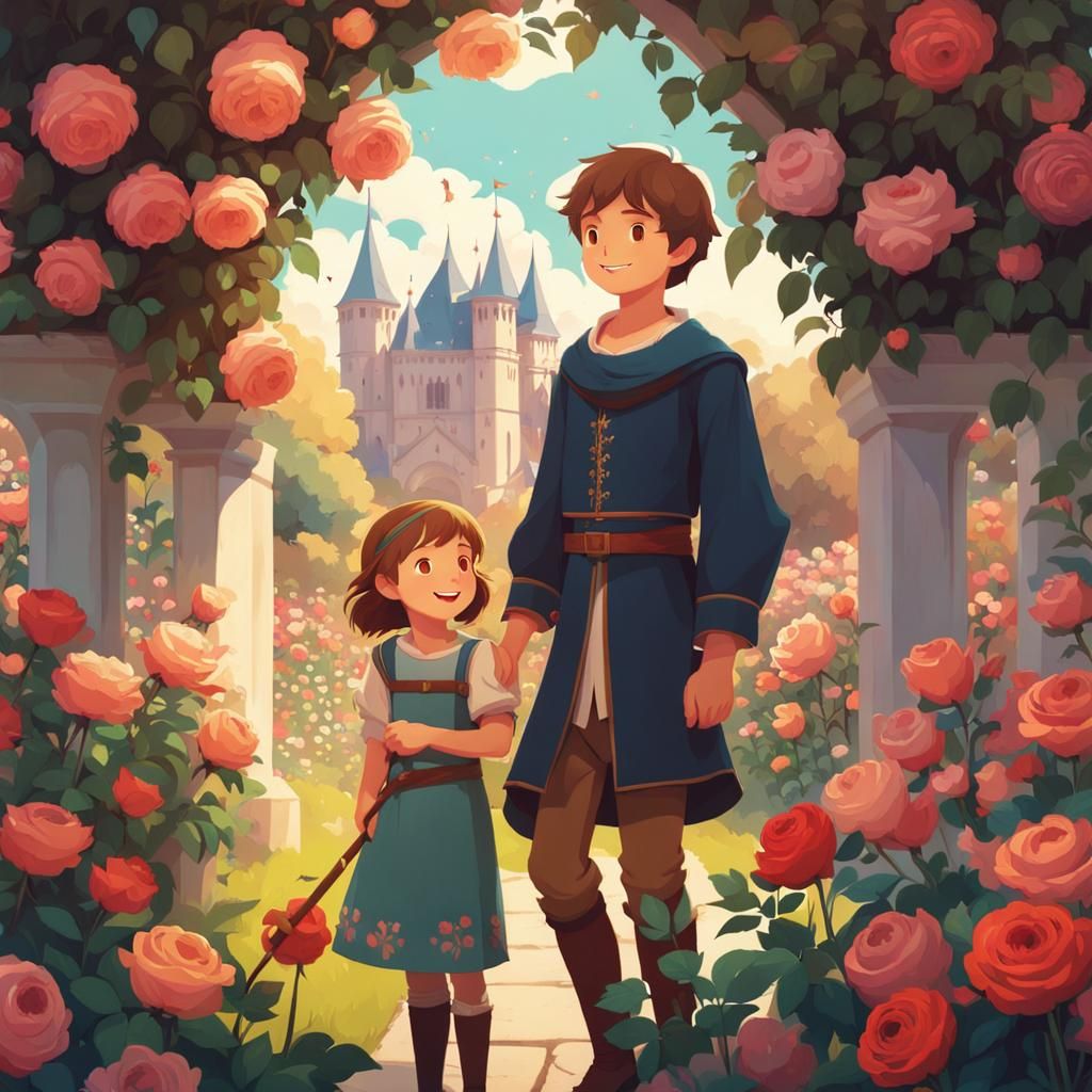 Medieval Boy and Sister in Rose Garden, Anime Style