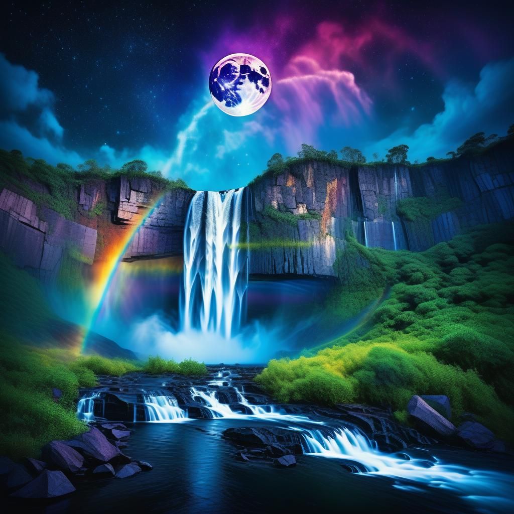 Mystic Waterfall with Rainbow Splash Under Moonlight