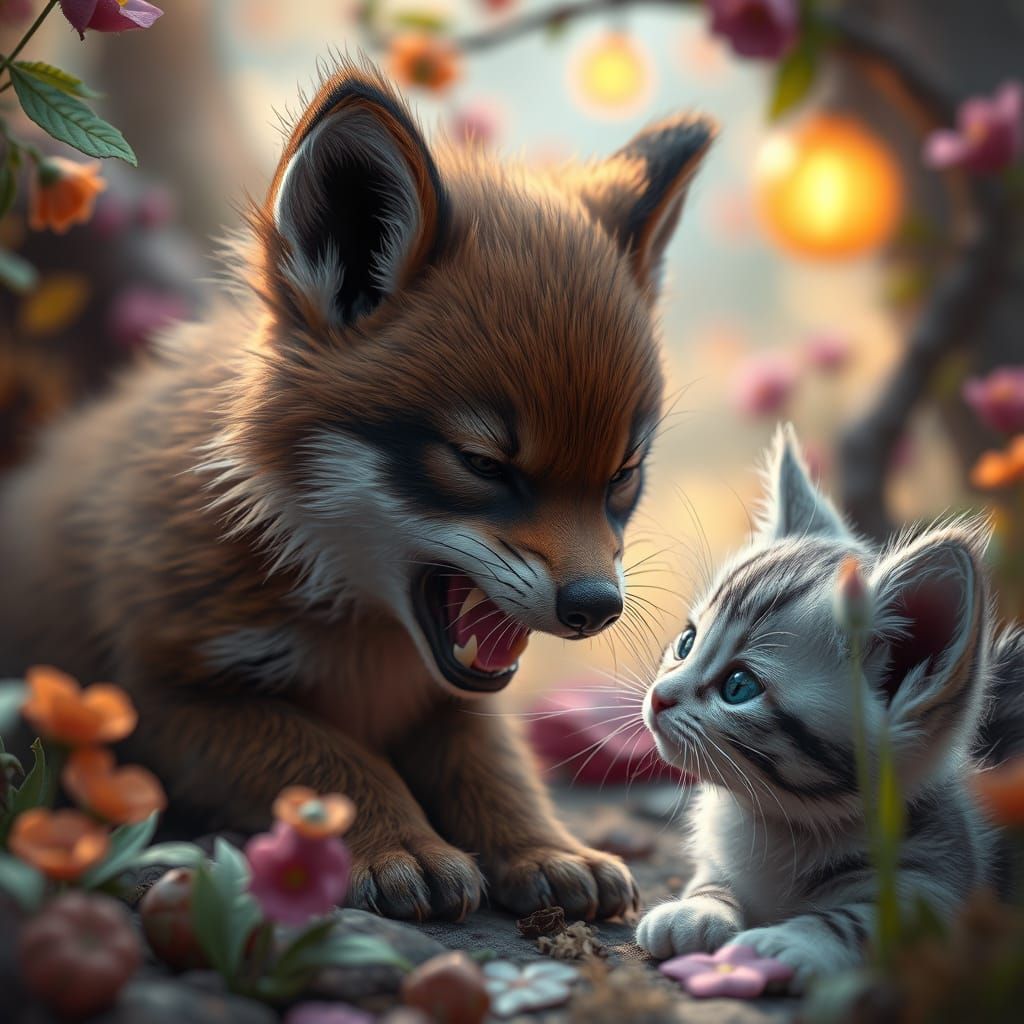 Fantastical Wolf Pup Plays with Curious Kitten in Whimsical ...
