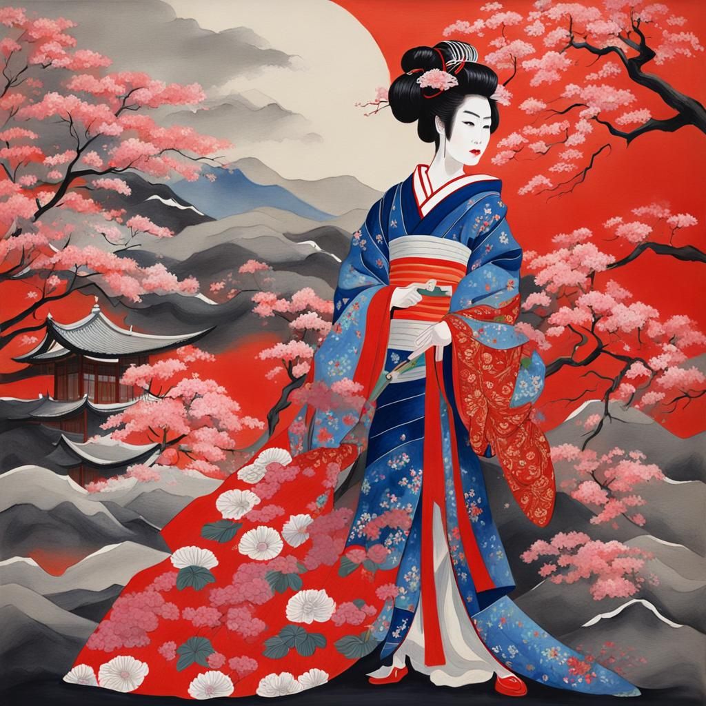Magnificent Geisha in Detailed Gouache Painting