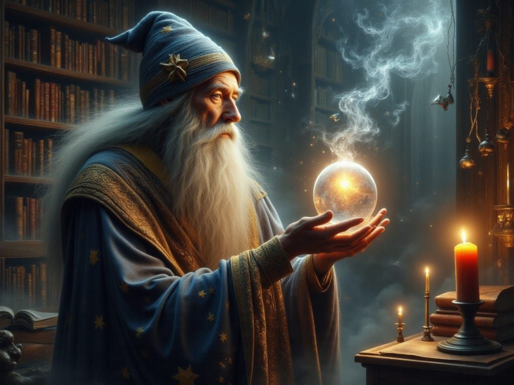 Wizard Casting Spell in Ancient Library