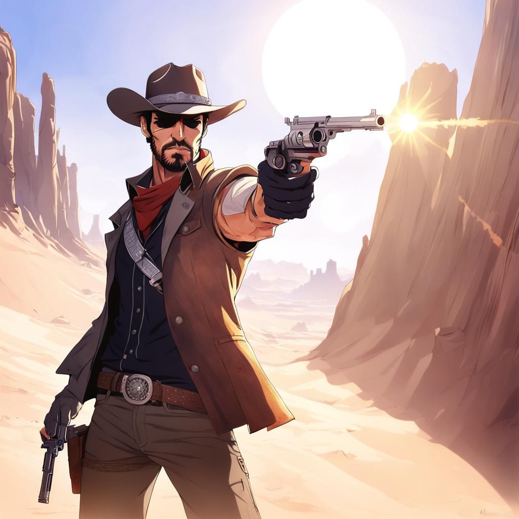 Cowboy Aiming Revolver in Desert, Anime Style