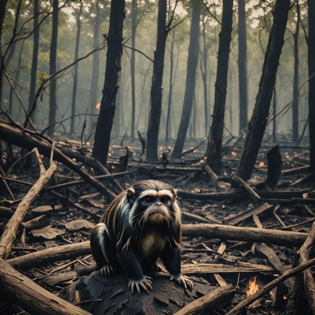 Emperor Tamarin in Burned Forest: Cinematic Still