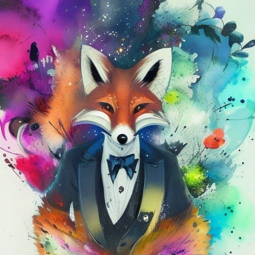 Fox in Tuxedo: Gouache Painting with Watercolor Elements