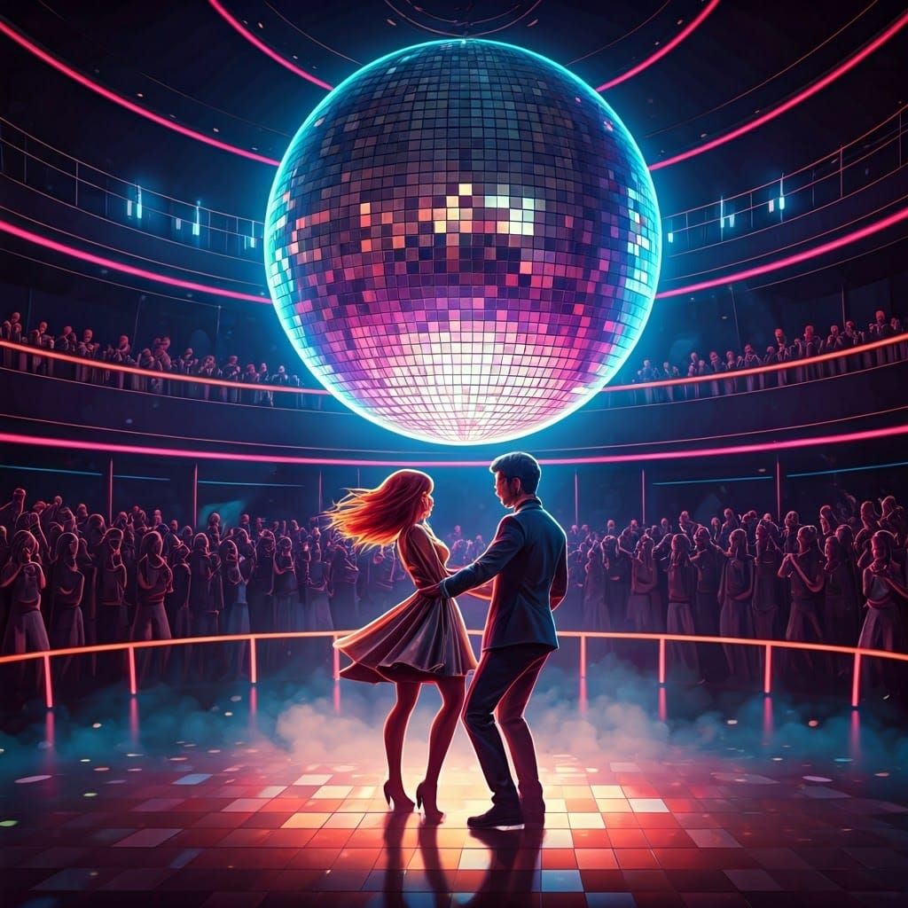 Euphoric Disco Duo Under Glittering Disco Ball