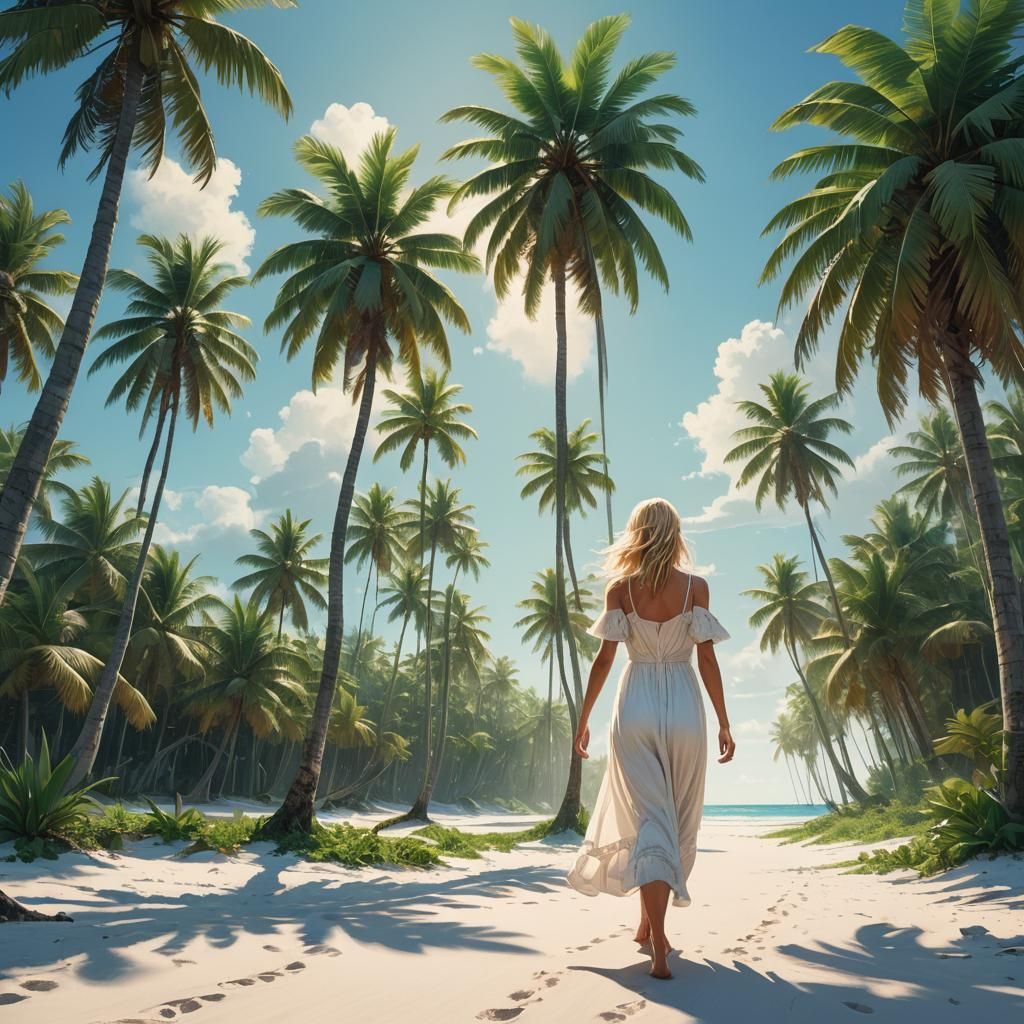 Tropical Beach Scene with Woman in Flowing Dress