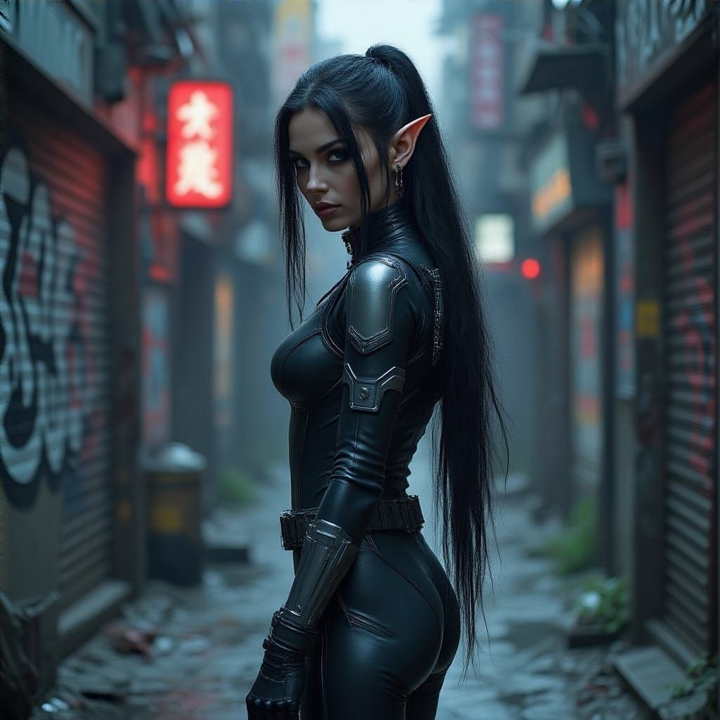 Cyberpunk Elf in Dark Alleyway