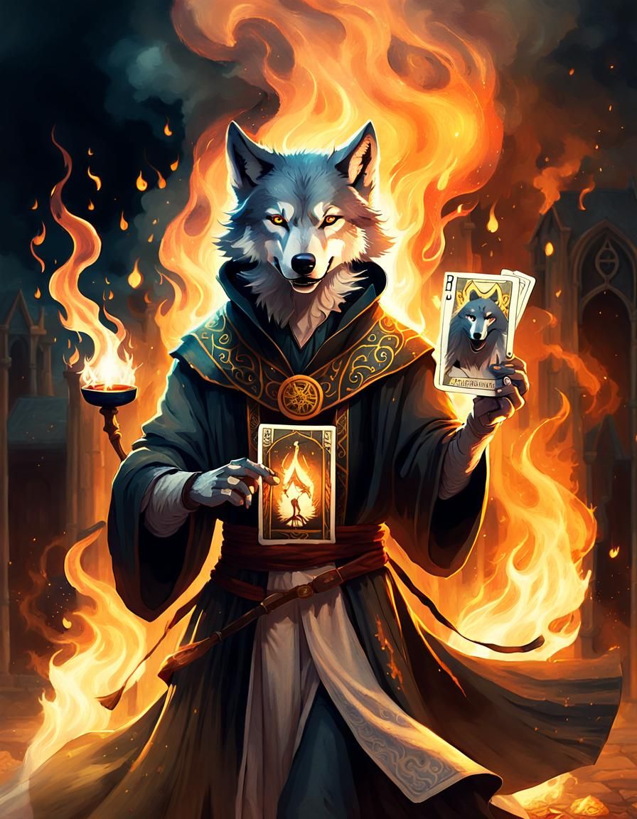 Mystical Wolf Mage with Tarot Card in Fantasy Art