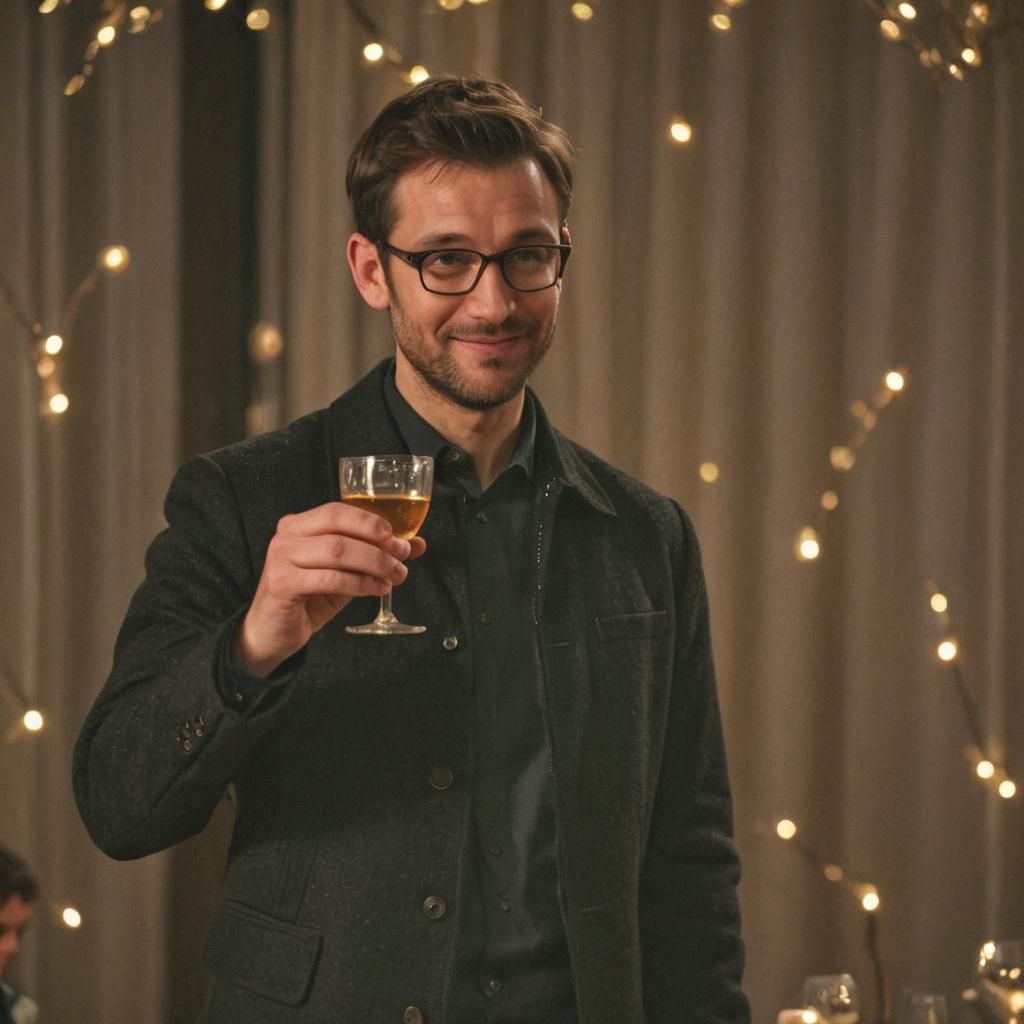Man Toasting in Warm Cinematic Film Still