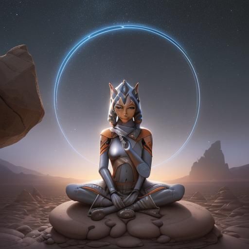Ahsoka Meditating in Desert with Floating Boulders
