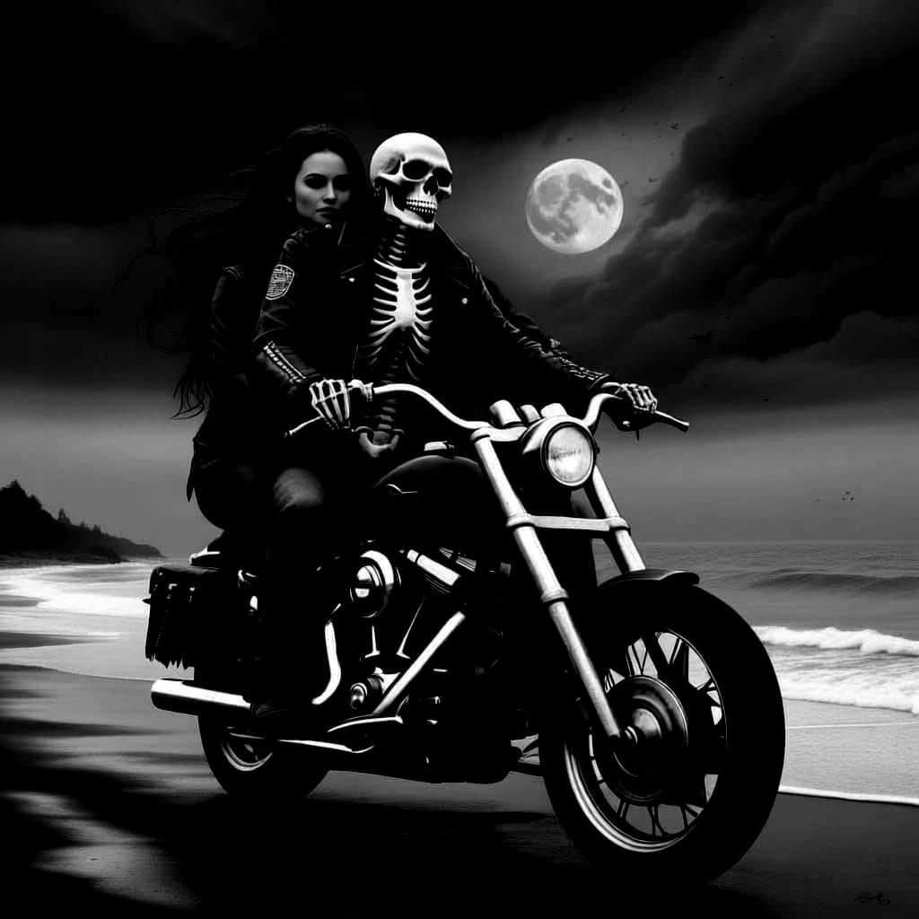 Skeleton Couple Rides Harley Along Coastline