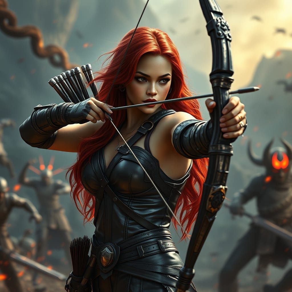 Ravishing Redhead Archer in Battle, in Unreal Engine 5 Style