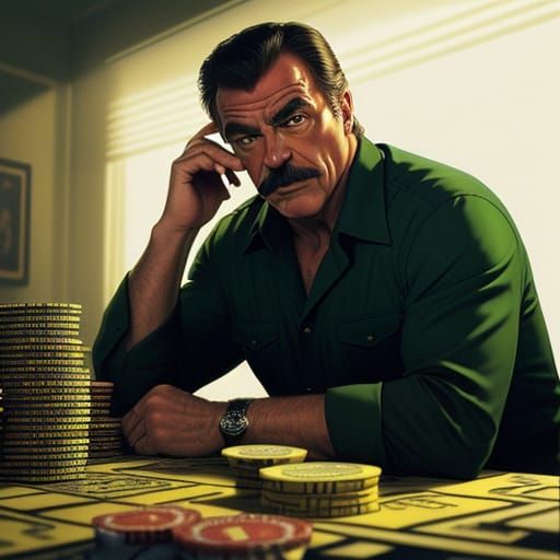 Tom Selleck as Magnum PI's stock pile of Casino Chips